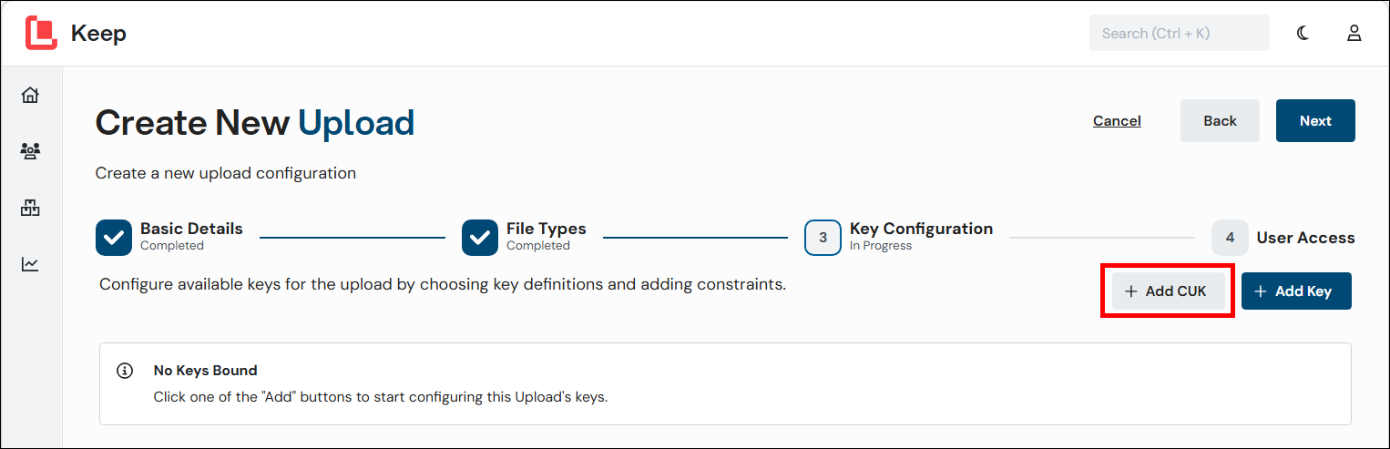 The Add CUK button for an upload configuration.